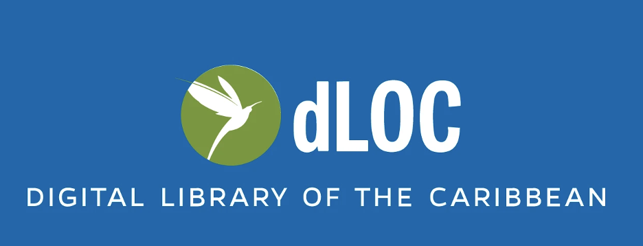 Logo for the Digital Library of the Caribbean (dLOC) with a blue background. The left side features a green circle with a white hummingbird. The text "dLOC" is in bold white letters, with "DIGITAL LIBRARY OF THE CARIBBEAN" in smaller white letters below.