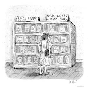 A person stands in front of a bookshelf divided into two sections: "Beach Reads" and "Dark Little Apartment Reads." The shelves are filled with books, and the setting appears to be a bookstore or library.
