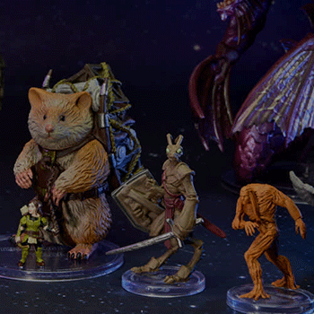 A small rat figurine, wearing a backpack; an alien creature with a long sword; and an orange muscled alien