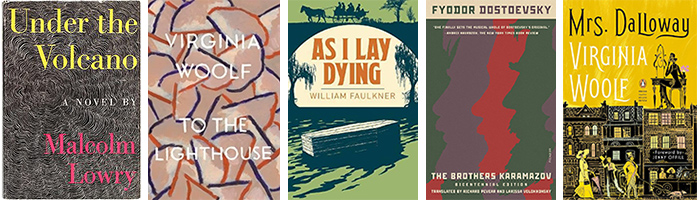 Book covers for "Under the Volcano," "To the Lighthouse," "As I Lay Dying," “The Brothers Karamazov" and "Mrs. Dalloway."