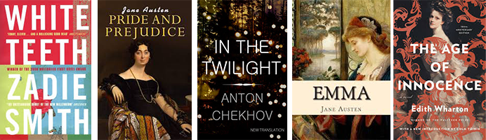 Book covers of five classic and contemporary novels, from left to right: "White Teeth" by Zadie Smith, "Pride and Prejudice" by Jane Austen, "In the Twilight" by Anton Chekhov, "Emma" by Jane Austen, and "The Age of Innocence" by Edith Wharton. Each cover features distinct artwork representative of its story.