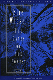 Book cover of 'The Gates of the Forest' by Elie Wiesel, featuring a dark, tree-filled background with the title in white text.