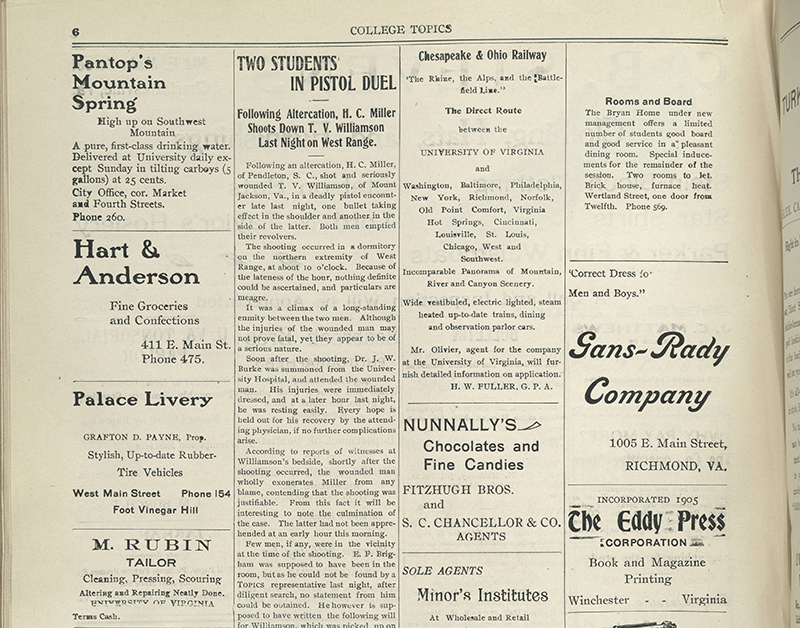 A page from College Topics displaying various advertisements for businesses such as Men's and Boys' Wear, Palace Livery, Fine Groceries, and Educational Institutes, featuring ornate typesetting and detailed descriptions in an early 20th-century style.