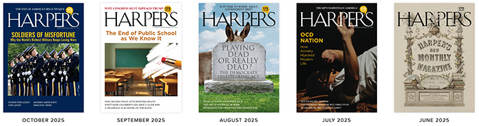 A series of five Harper's Magazine covers featuring various themes, including soldiers, education reform, Shakespeare, and moral values.