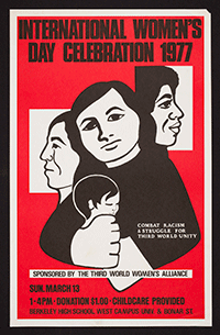 Three women's faces are rendered in black and white color blocks, on a red background. One woman is holding a baby.