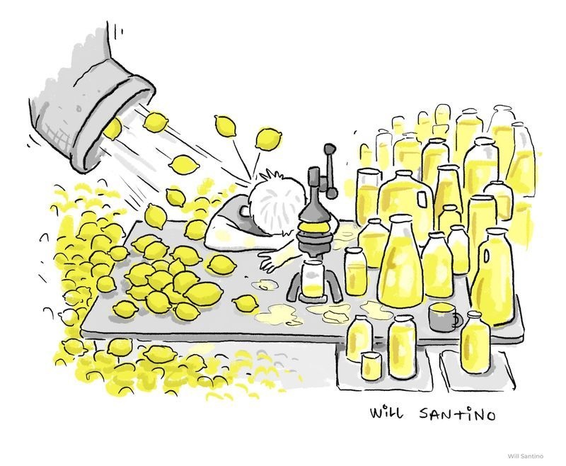 A person appears overwhelmed, resting their head on a table covered with lemons. Lemons are being poured from a funnel overhead. Numerous lemon juice bottles are arranged on the table. The cartoon is signed by Will Santino.