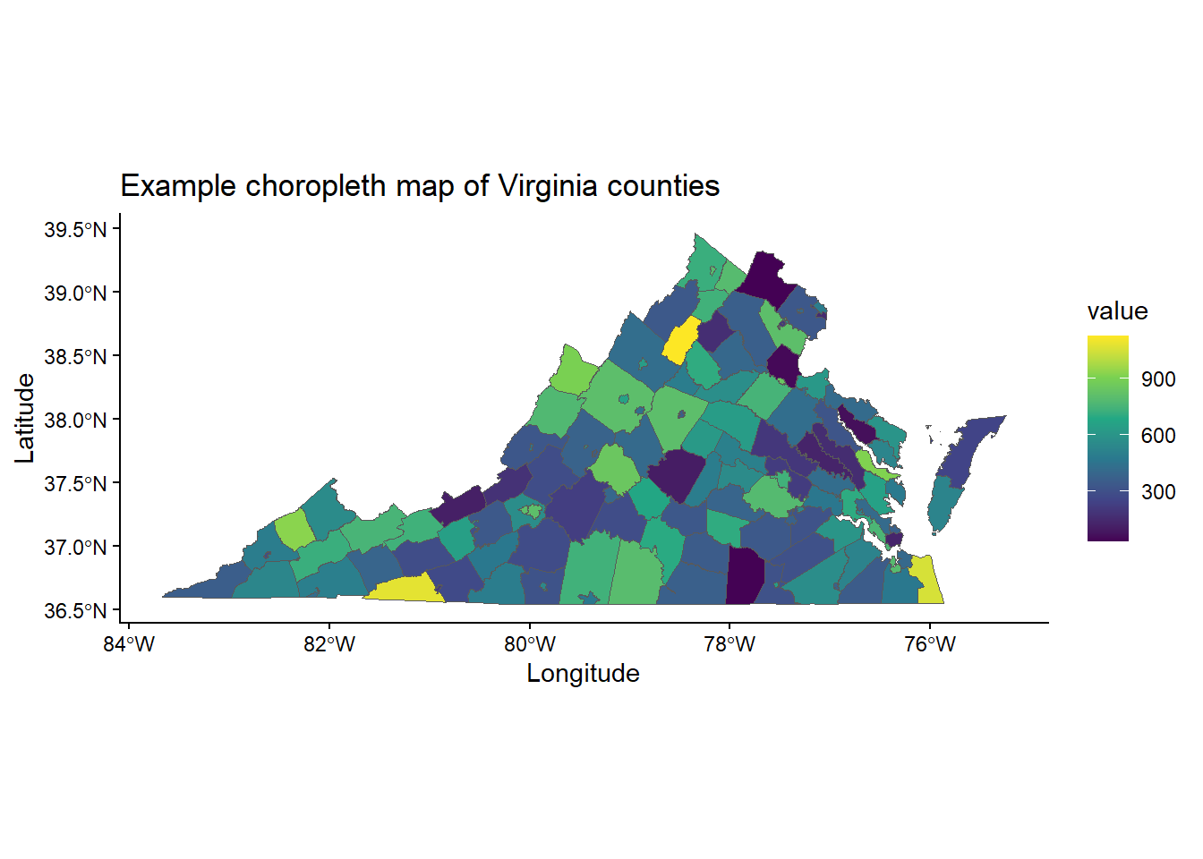 Choropleth map of Virginia with counties and cities shaded by random normal values.