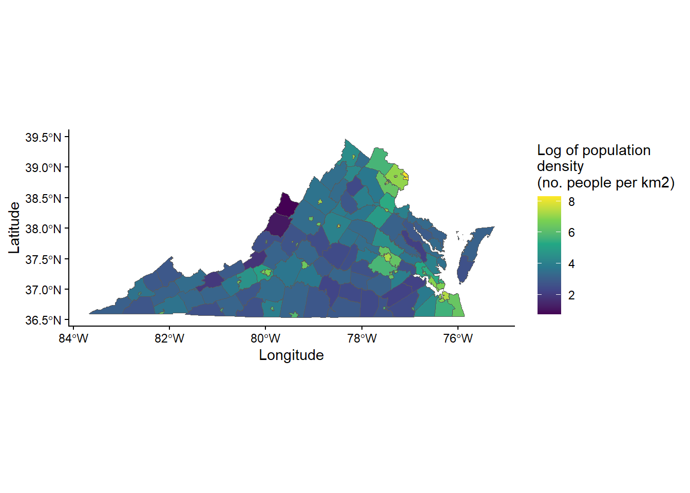 Choropleth map of Virginia with counties and cities shaded by log-transformed population density.