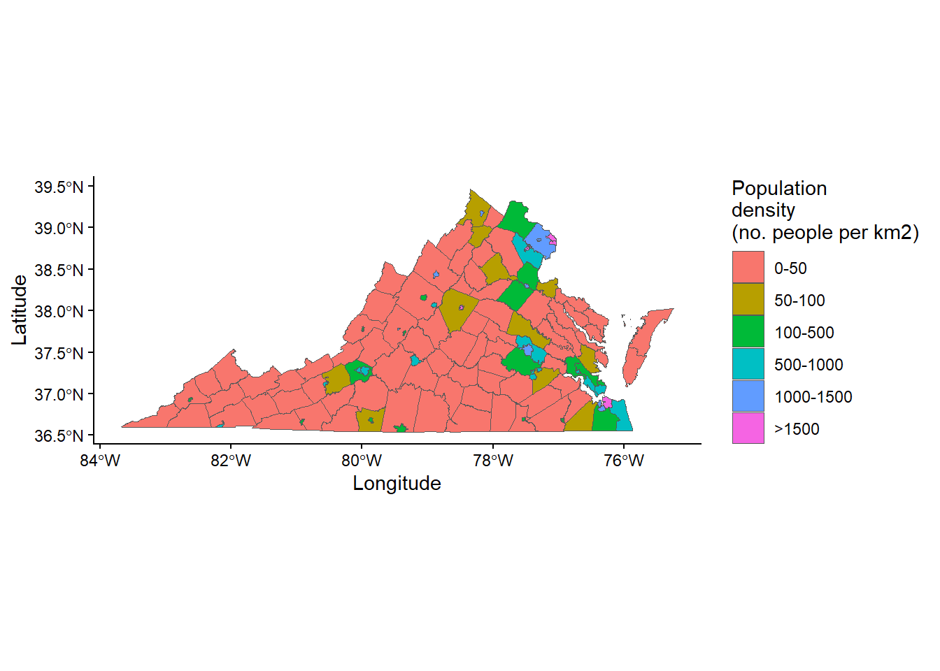 Choropleth map of Virginia with counties and cities shaded by binned population density.