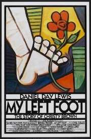 Movie poster for "My Left Foot: The Story of Christy Brown" featuring a stylized drawing of a hand holding a flower.