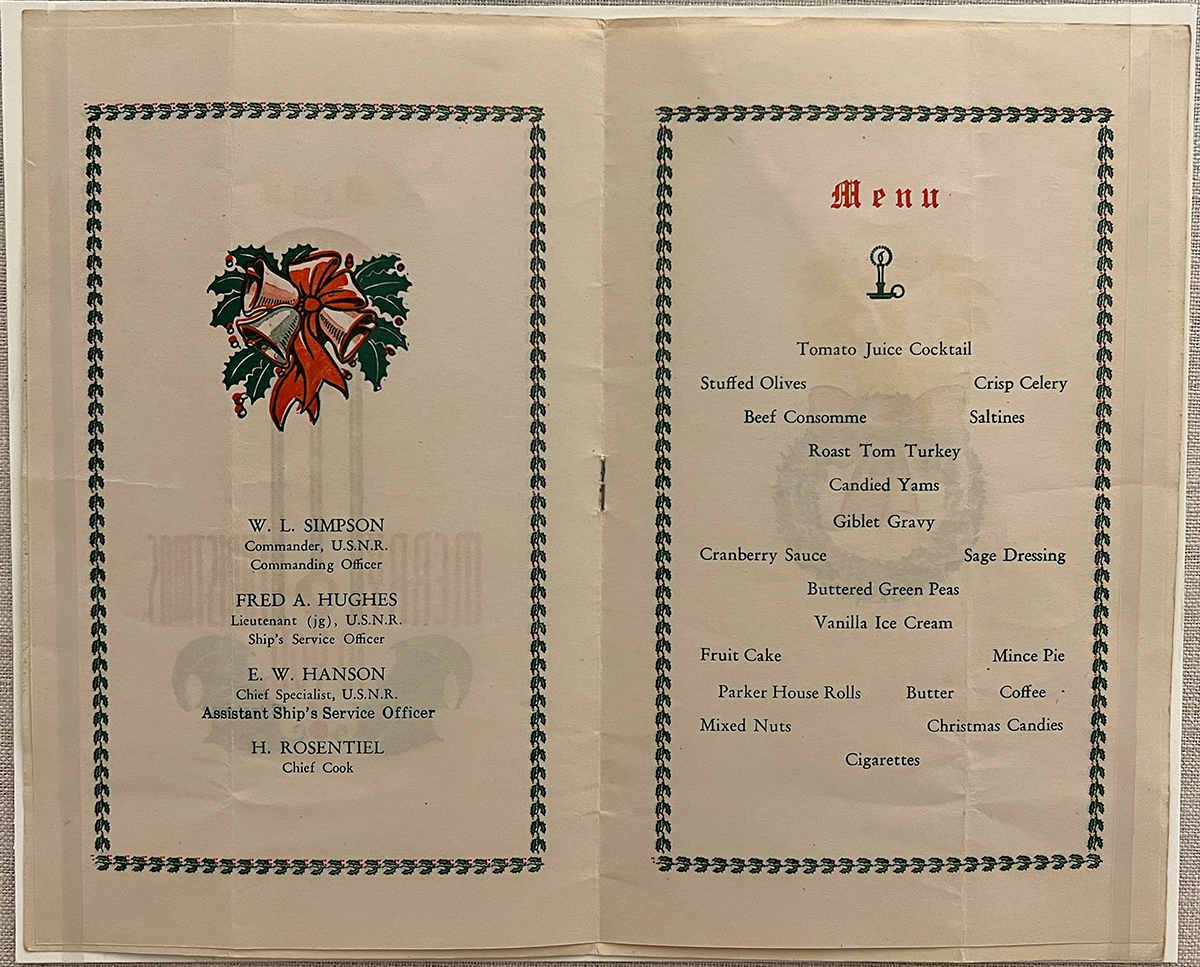 A vintage menu, white background, green and red text.