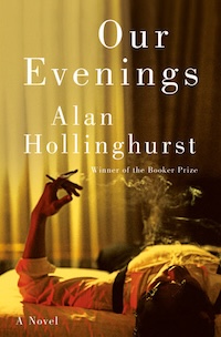 Cover of the novel "Our Evenings" by Alan Hollinghurst. The image features a person lying on a bed, holding a cigarette with smoke curling up. Soft lighting and sheer curtains create an intimate atmosphere. Text indicates the author is a Booker Prize winner.