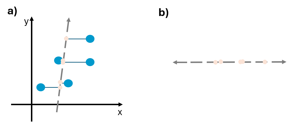 Two plots labeled a and b. The plot labeled a shows a scatterplot of data with a best fitting linear line and distances from points to fitted line marked and labeled on the line of best fit. The plot labeled b shows the line of best fit in one dimension with points indicating where the points project onto the line.