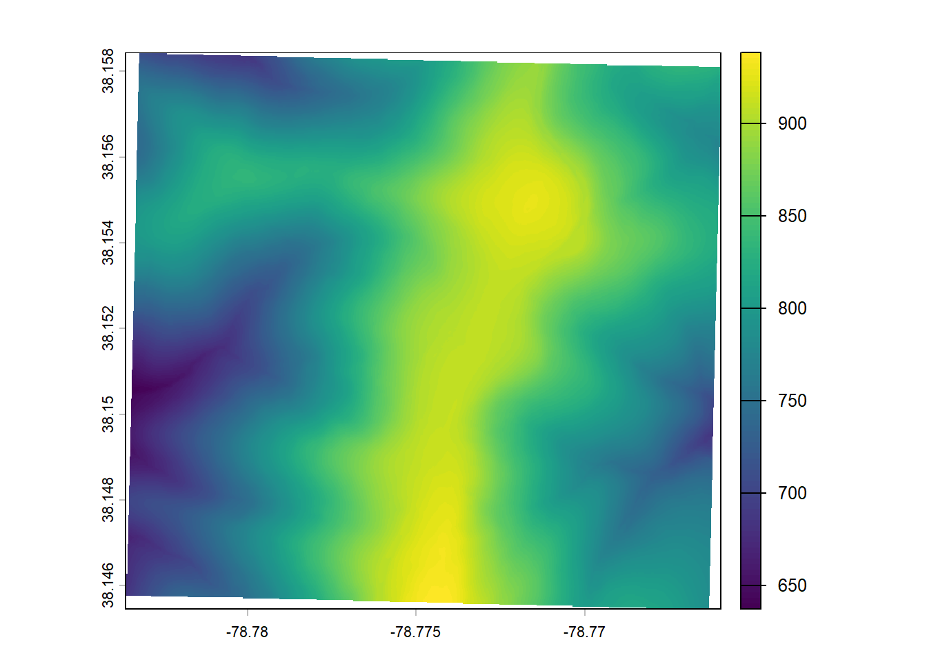 Raster image of some mountains off the Blue Ridge Parkway in Virginia with longitude and latitude coordinates.