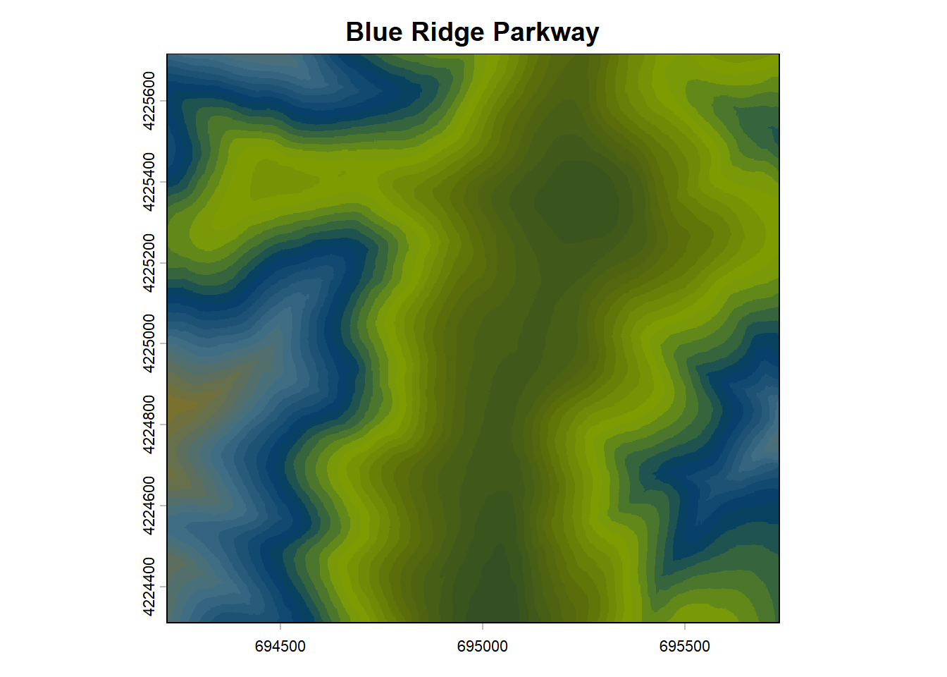 Raster image of some mountains off the Blue Ridge Parkway in Virginia using the Everglades color palette from the NatParksPalettes package.