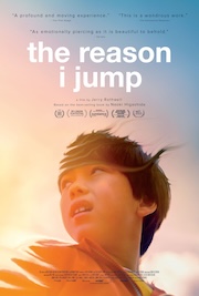 Movie poster for "The Reason I Jump," featuring a close-up of a person looking up towards the sky with sunlight illuminating their face. The poster includes text with critical acclaim and film details.