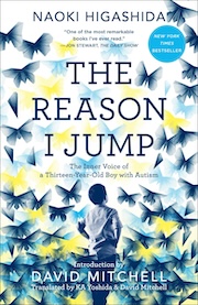 Book cover of "The Reason I Jump" by Naoki Higashida, featuring an array of yellow butterflies on a blue background, with an endorsement by The New York Times and labeled as a New York Times bestseller.