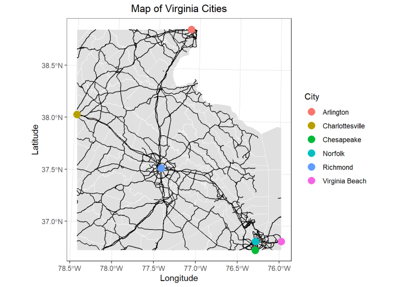 Map of Virginia with cities and major roads overlayed.