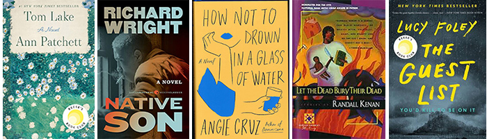Book covers for "Tom Lake," "Native Son," "How Not to Drown in a Glass of Water," and "The Guest List."