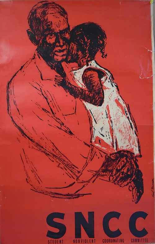 A man holds a young girl in this illustrated poster. The background is red.