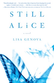 Book cover of "Still Alice" by Lisa Genova, featuring an abstract blue and white design on a pale background.