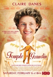 Promotional poster for the HBO film 'Temple Grandin' featuring Claire Danes smiling in a shirt and scarf, with event details and air date information, set against a vintage-style background.