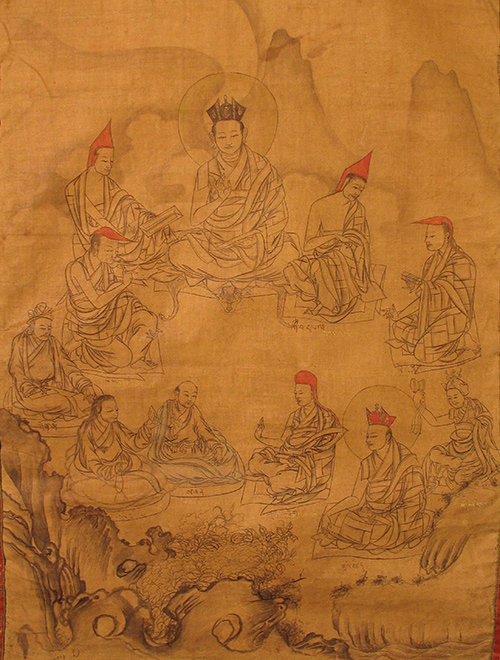 Various Buddhist masters sit in a circle in this ink drawing. Some wear red hats.