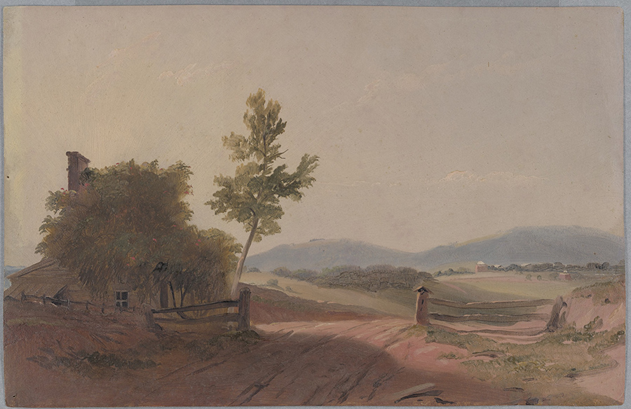 Painting of a cottage and gate with mountains in the background. Far off in the distance to the right can be seen UVA's Rotunda