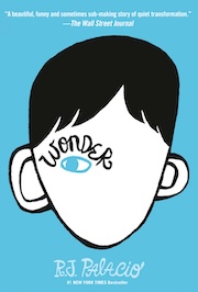 Book cover of "Wonder" by R.J. Palacio featuring a stylized illustration of a face with an eye in blue within the lower half, flanked by two mask straps, against a black background. The Wall Street Journal describes it as a "beautiful, funny and sometimes soul-aching story of quiet transformation."