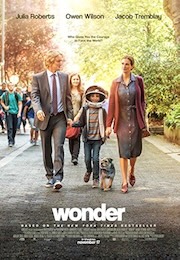 Promotional poster for the film 'Wonder' featuring Julia Roberts, Owen Wilson, Jacob Tremblay, and a dog, walking down a sunlit street.