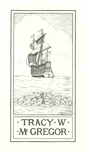 Drawn by Hattie E. Burdette, from Capt. John Smith's "New England." A ship with several fish in the foreground.