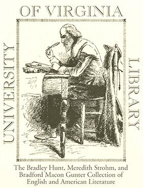 Bookplate showing pen drawing of a man wearing Shakespearean dress sitting at desk writing with quill pen