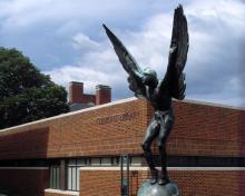 View of Clemons library, with the Aviator statue on the right