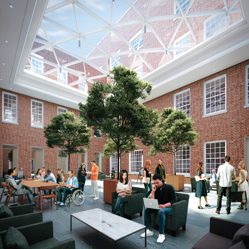 Architectural rendering shows a courtyard under enclosed glass ceiling with trees, tables and chairs, and people, sitting, standing, and walking through the space