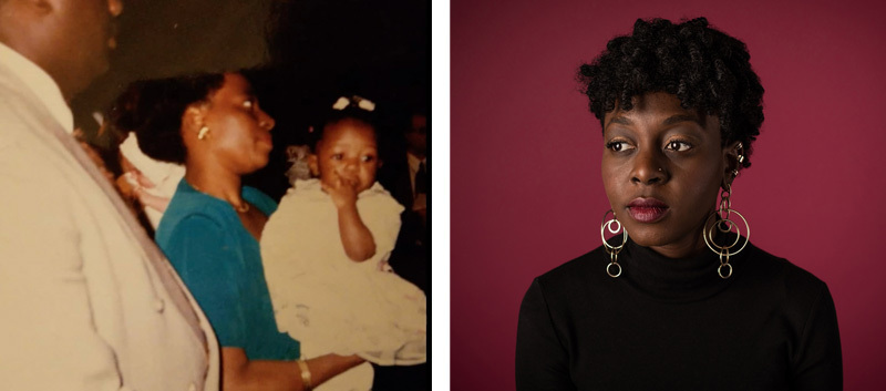 Left: a photograph shows a woman holding a baby. A man stands in the foreground, and they are all watching something off screen. Right: A woman with large artistic earrings sits in front of a red background, looking to the side.