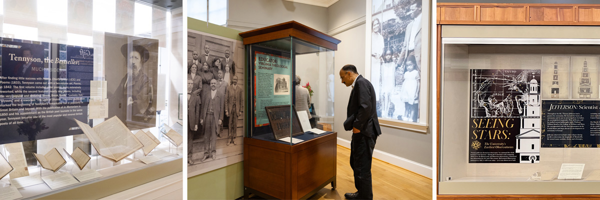 Three images of exhibition spaces. The first shows books and panels about Tennyson at an informative display, the second image captures an individual examining the contents of a display case, and the third image depicts a display about Observatories with panels and imagery