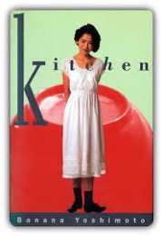 Book cover for "Kitchen" features a photo/collage of an Asian woman in a white dress standing in front of a giant, overturned red bowl.