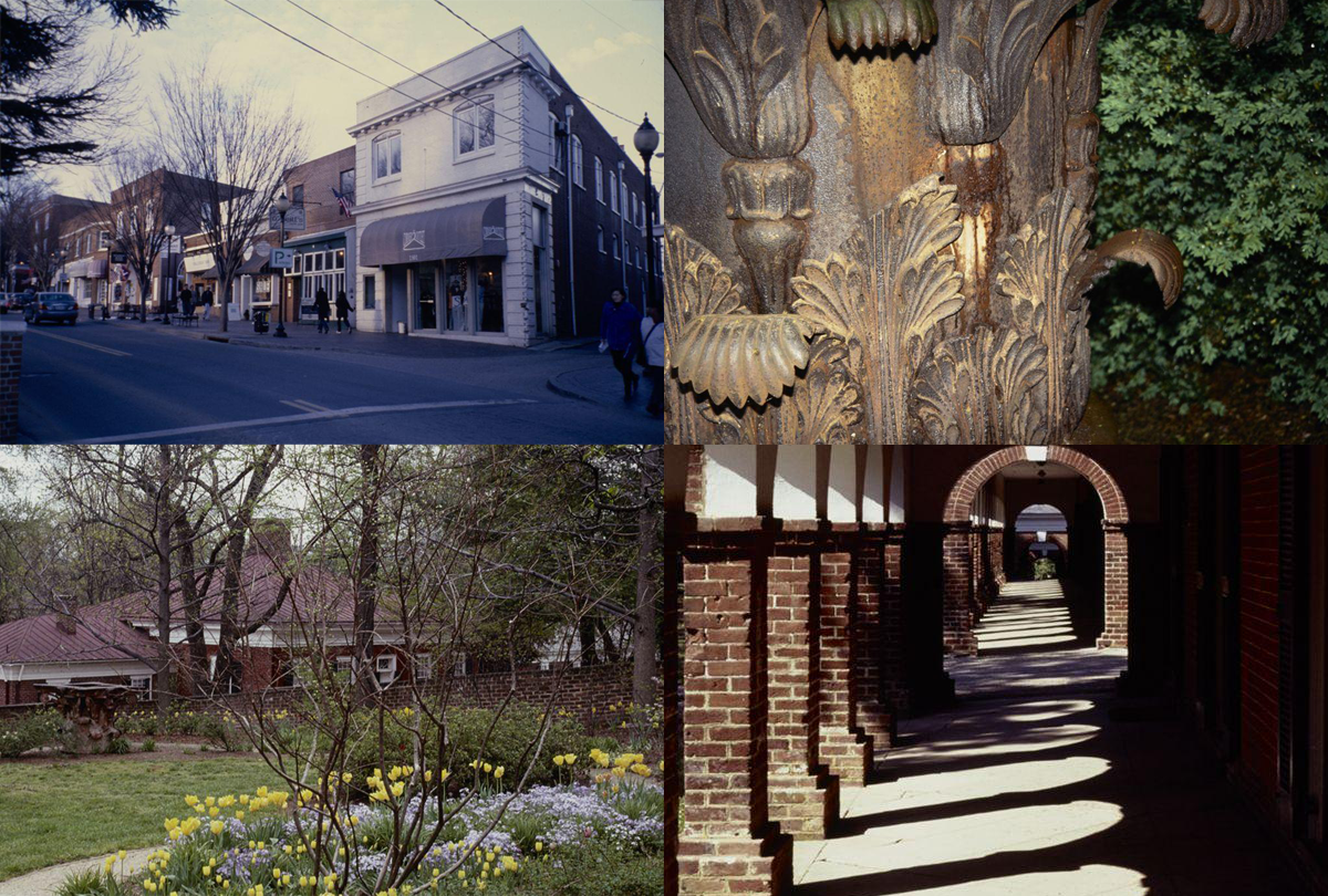 Collage of four photographs — a street scene with several buildings lining the road, ornate metalwork with intricate leaf patterns, a garden with a curved flower bed containing yellow tulips and other plants, and a corridor with red brick columns, white arches, and shadows cast on the paved floor.