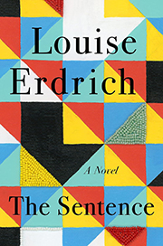 Cover image of "The Sentence." Background behind the title resembles a quilt.